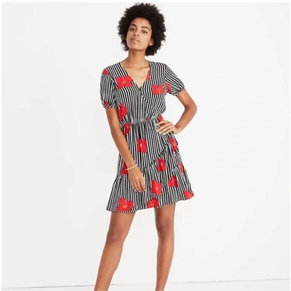 Madewell Black & White Stripe Red Floral Wrap Dress- Ruffle Skirt- Size 8 - Picture 4 of 7
